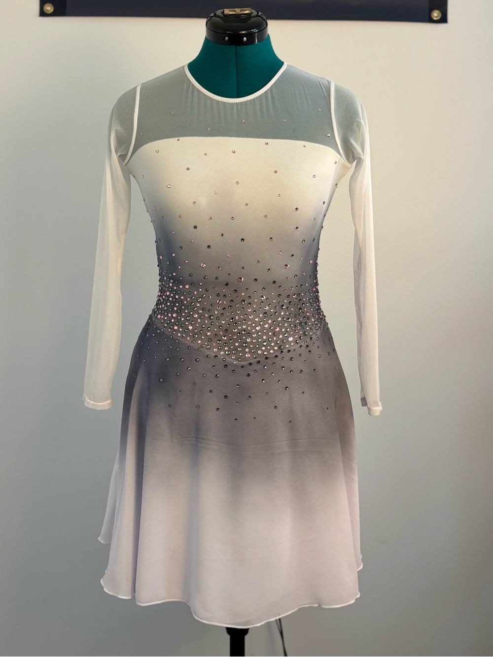 White to Gray Ombre Long-Sleeve Dance Length Figure Skating Dress